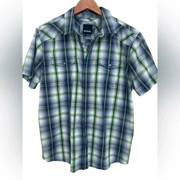 Prana Holstad Blue Plaid Casual Tech Snap Button Shirt Men’s Size Large - Picture 1 of 8
